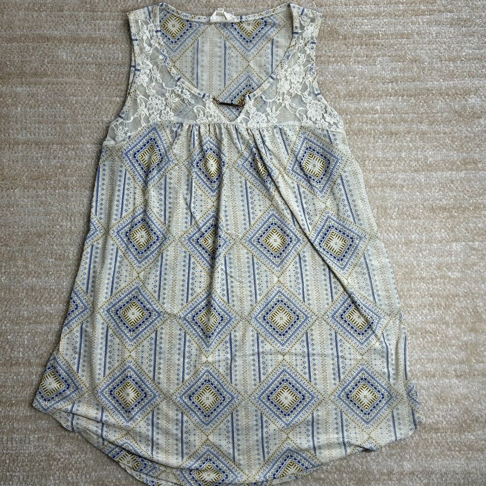Ember Womens Blouse Shirt M Beige Blue Geometric Lace Trim Tank Top